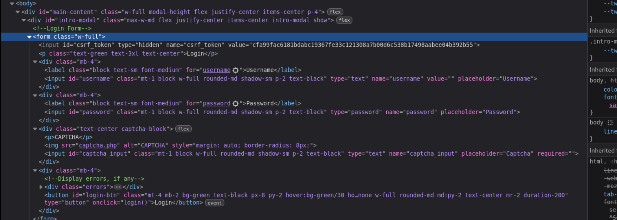 expanded div elements showing CAPTCHA block and form fields